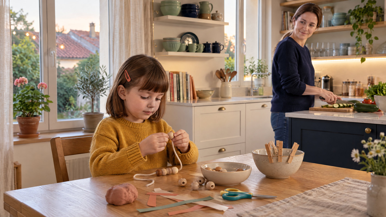 Enfant qui enfile des perles en bois à la table de la cuisine, avec de la pâte à modeler et des pinces à linge.
