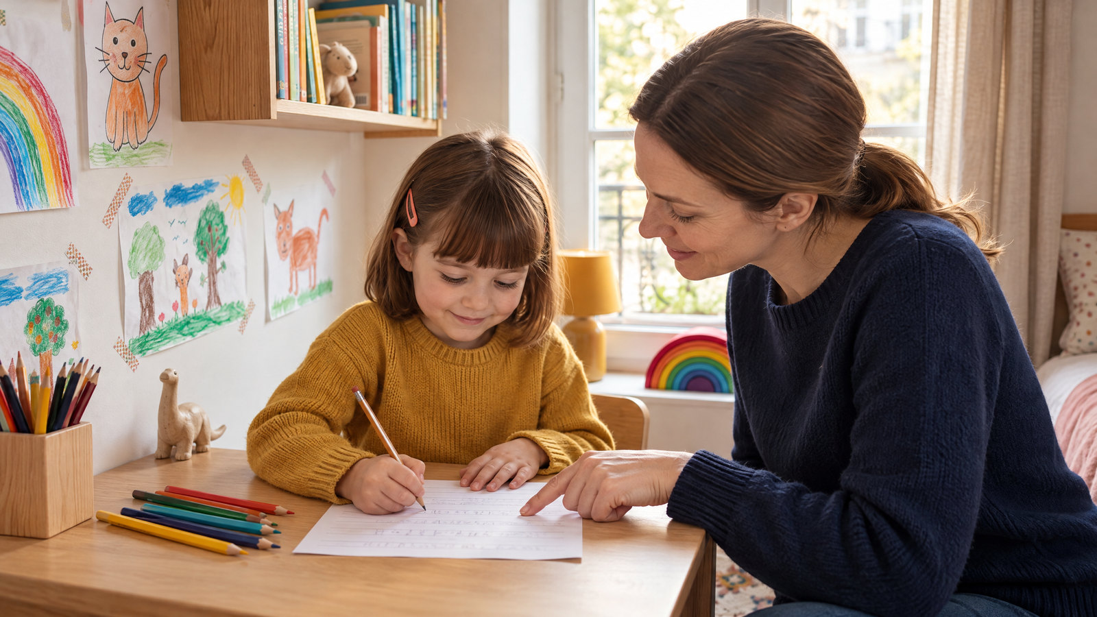 Une mère montre du doigt un endroit sur la feuille pendant que sa fille écrit au crayon.