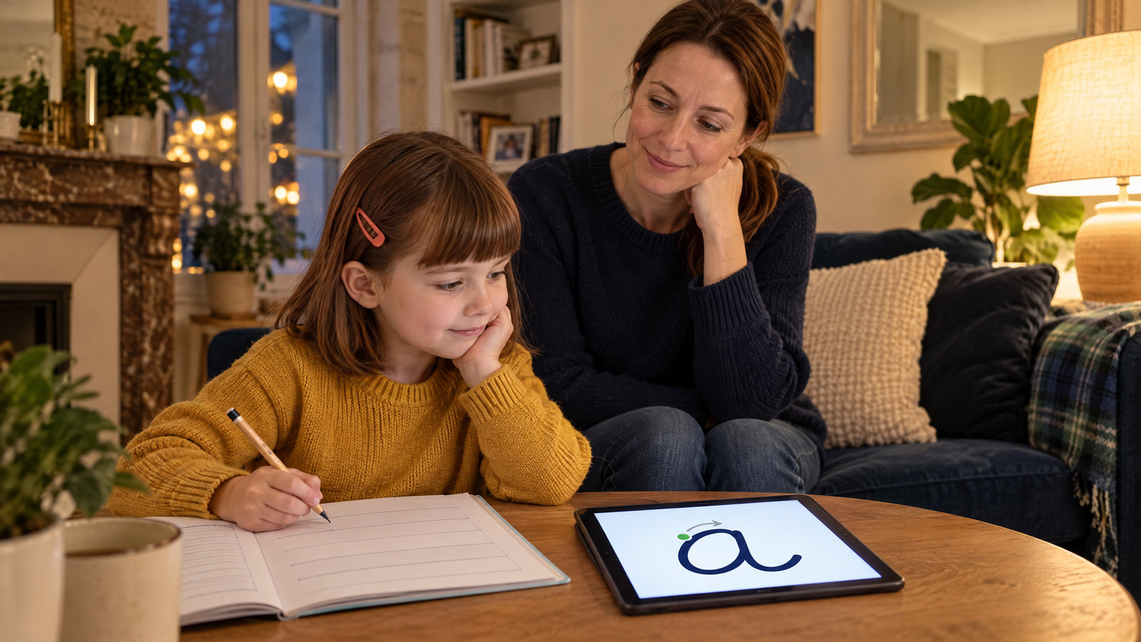 Enfant crayon en main qui regarde une lettre animée sur une tablette, à côté d'un cahier d'écriture ouvert.