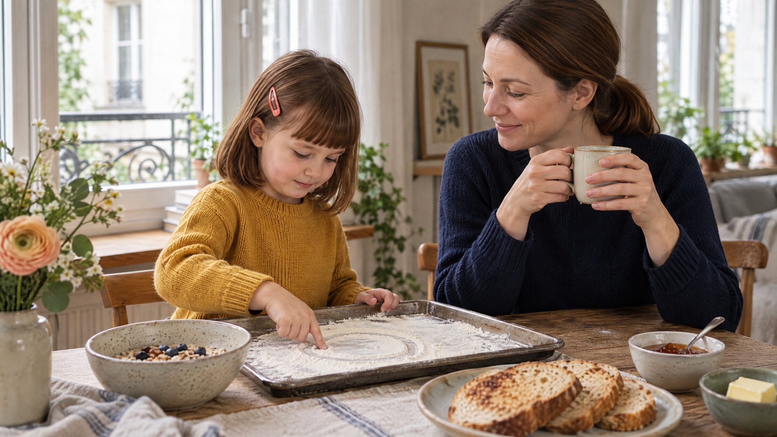 Une enfant trace une boucle du doigt dans un plateau de farine, sur la table du petit-déjeuner.