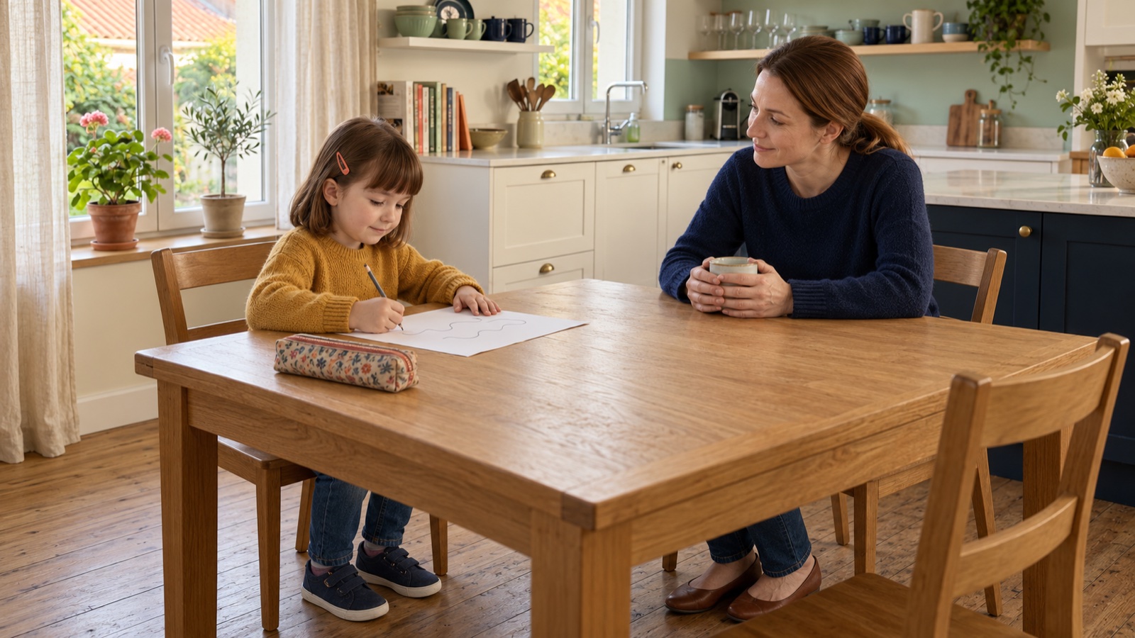 Une petite fille assise à la table de la cuisine trace des vagues continues au crayon, sa mère la regarde en face d'elle.