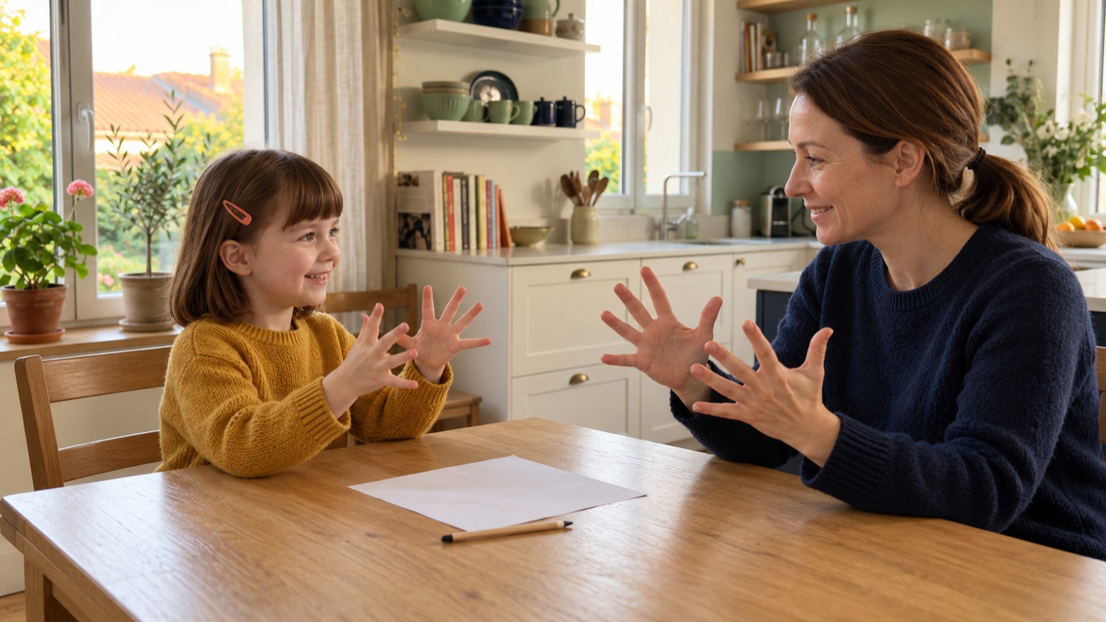 Une petite fille et sa mère ouvrent et ferment les mains face à face autour d'une table, avec une feuille blanche et un crayon triangulaire.