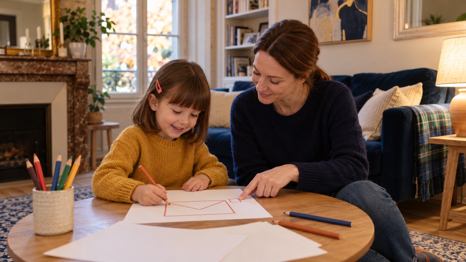 Une petite fille dessine une enveloppe sur une table basse, assise par terre à côté de sa mère qui sourit.