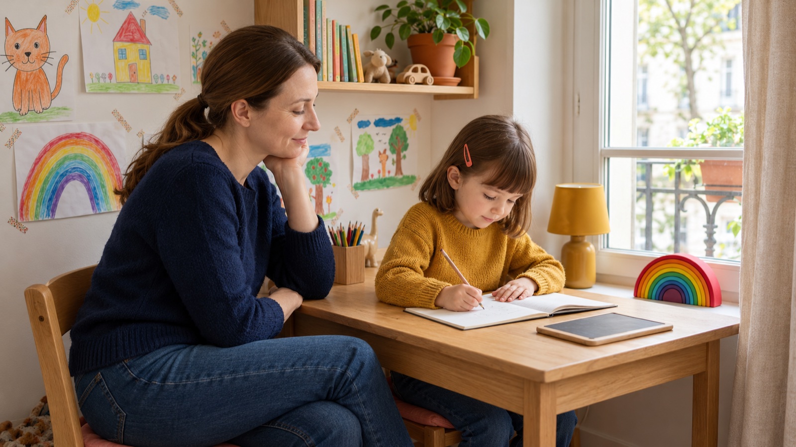 Une petite fille écrit dans un cahier à son bureau, une ardoise à côté d'elle, sa mère assise près d'elle.