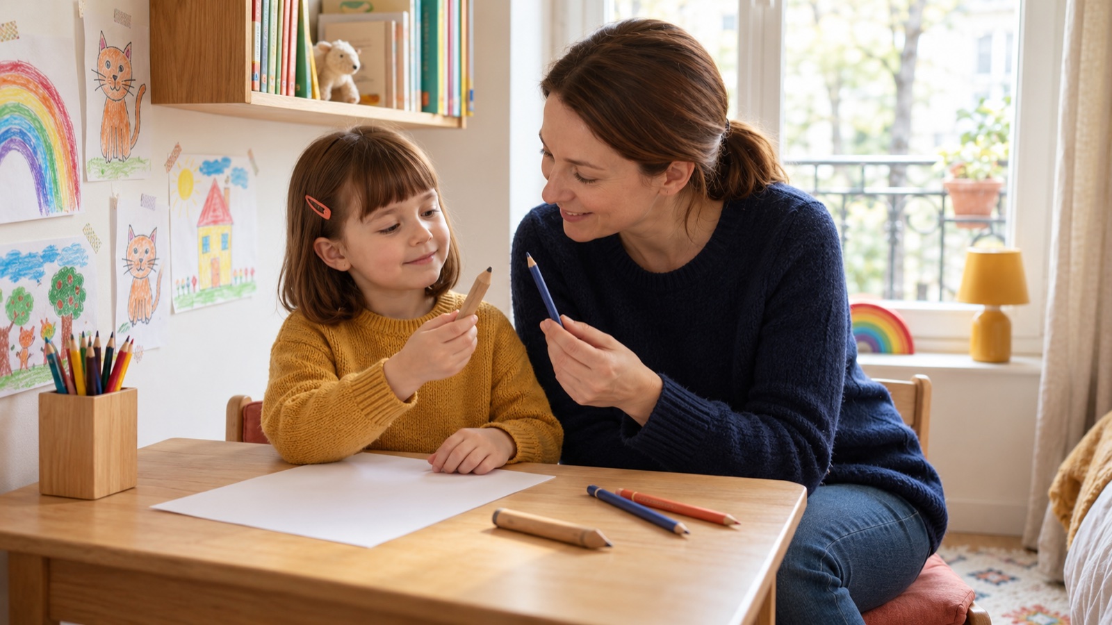 Une petite fille examine un crayon à son bureau, à côté de sa mère qui lui montre un autre crayon.